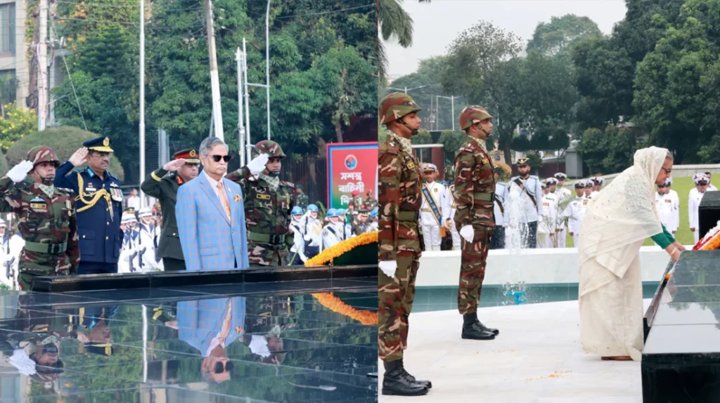 সশস্ত্র বাহিনী দিবসে শিখা অনির্বাণে রাষ্ট্রপতি-প্রধানমন্ত্রীর শ্রদ্ধা